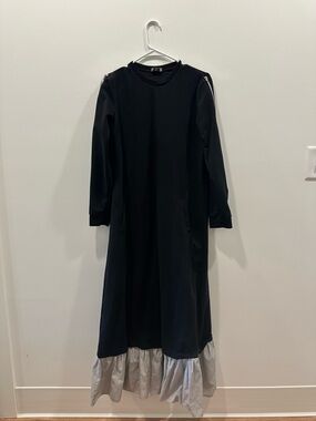 Basic Love Women's Black Solid Crew Neck Ruffle Midi Dress size 38